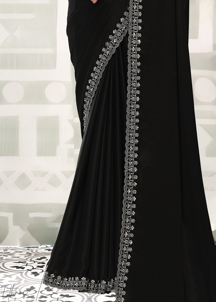 Jet Black Pearl Pipeline Crepe Satin Silk Saree