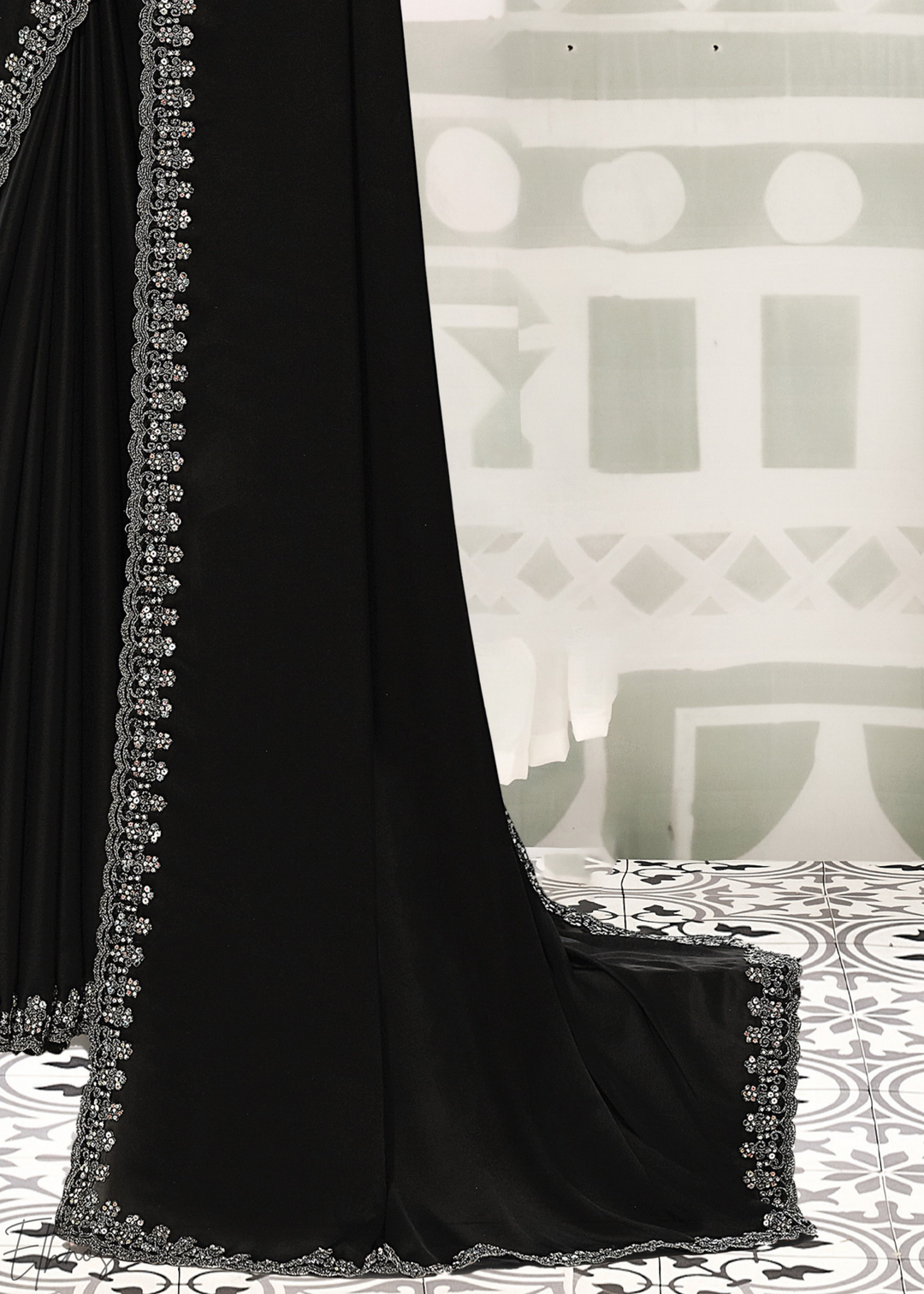 Jet Black Pearl Pipeline Crepe Satin Silk Saree