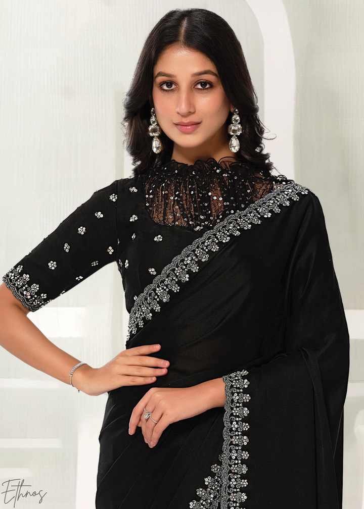 Jet Black Pearl Pipeline Crepe Satin Silk Saree