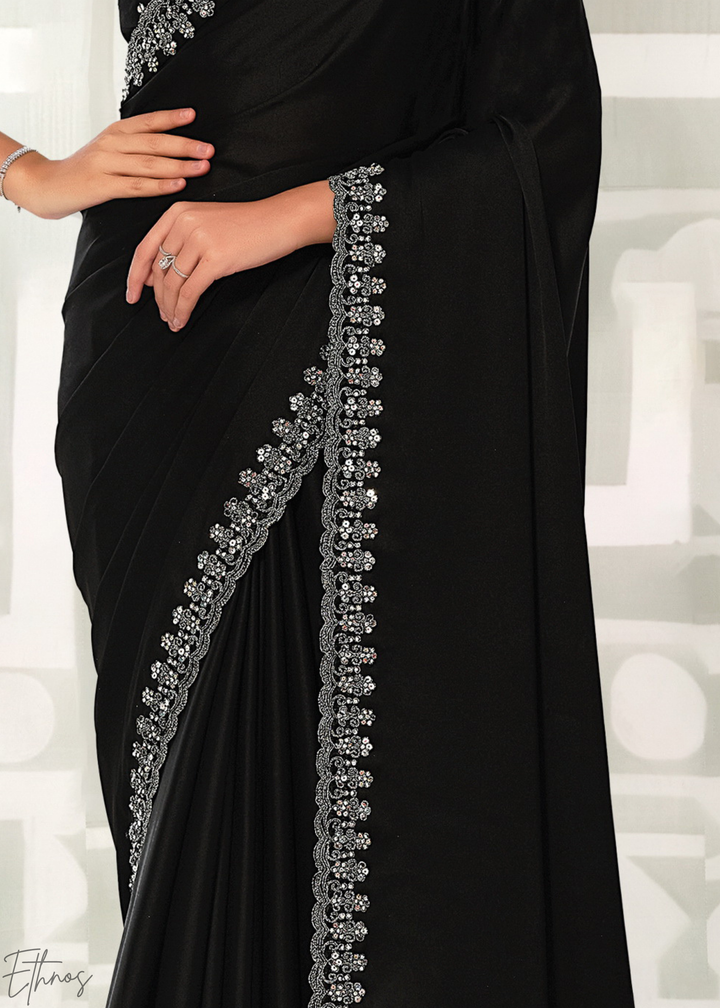 Jet Black Pearl Pipeline Crepe Satin Silk Saree