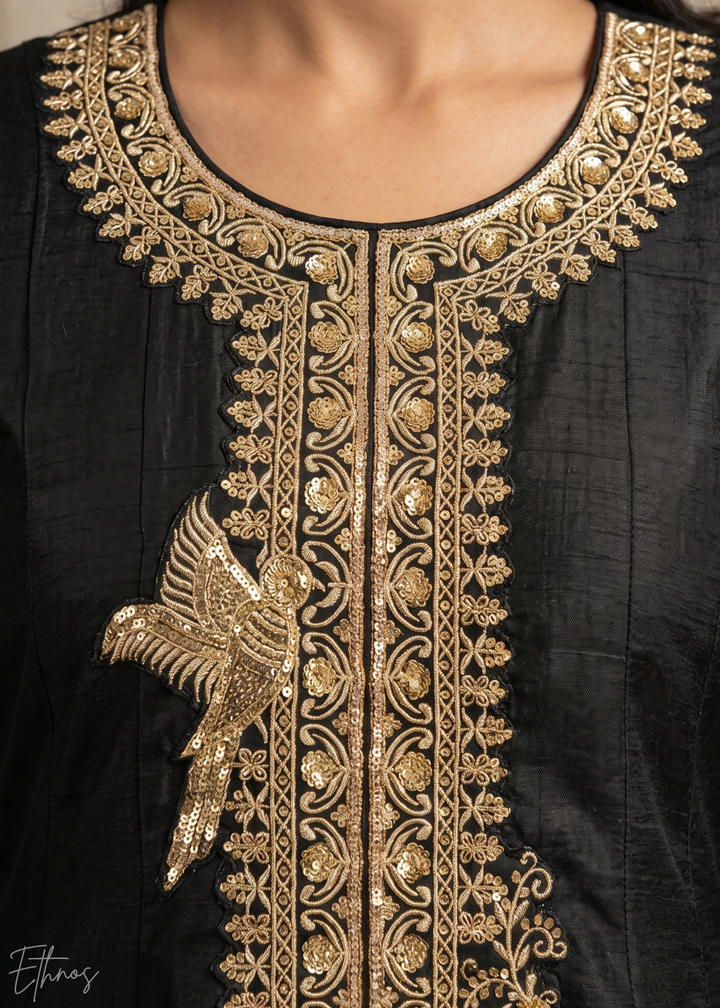 Jet Black Regal-Embroidered Silk Anarkali Suit