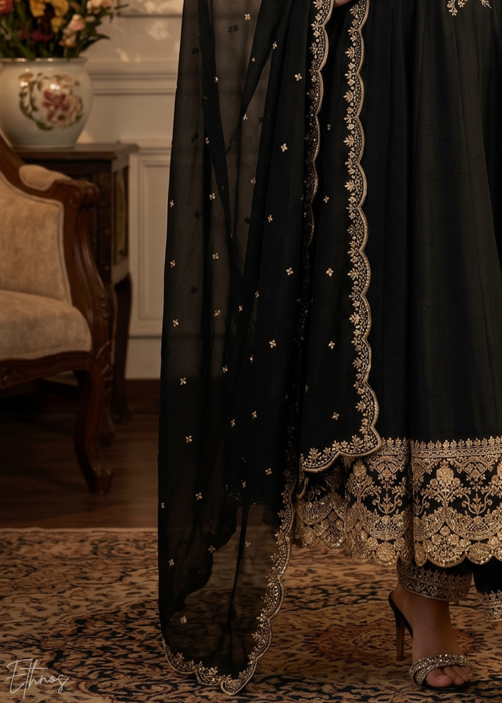 Jet Black Regal-Embroidered Silk Anarkali Suit