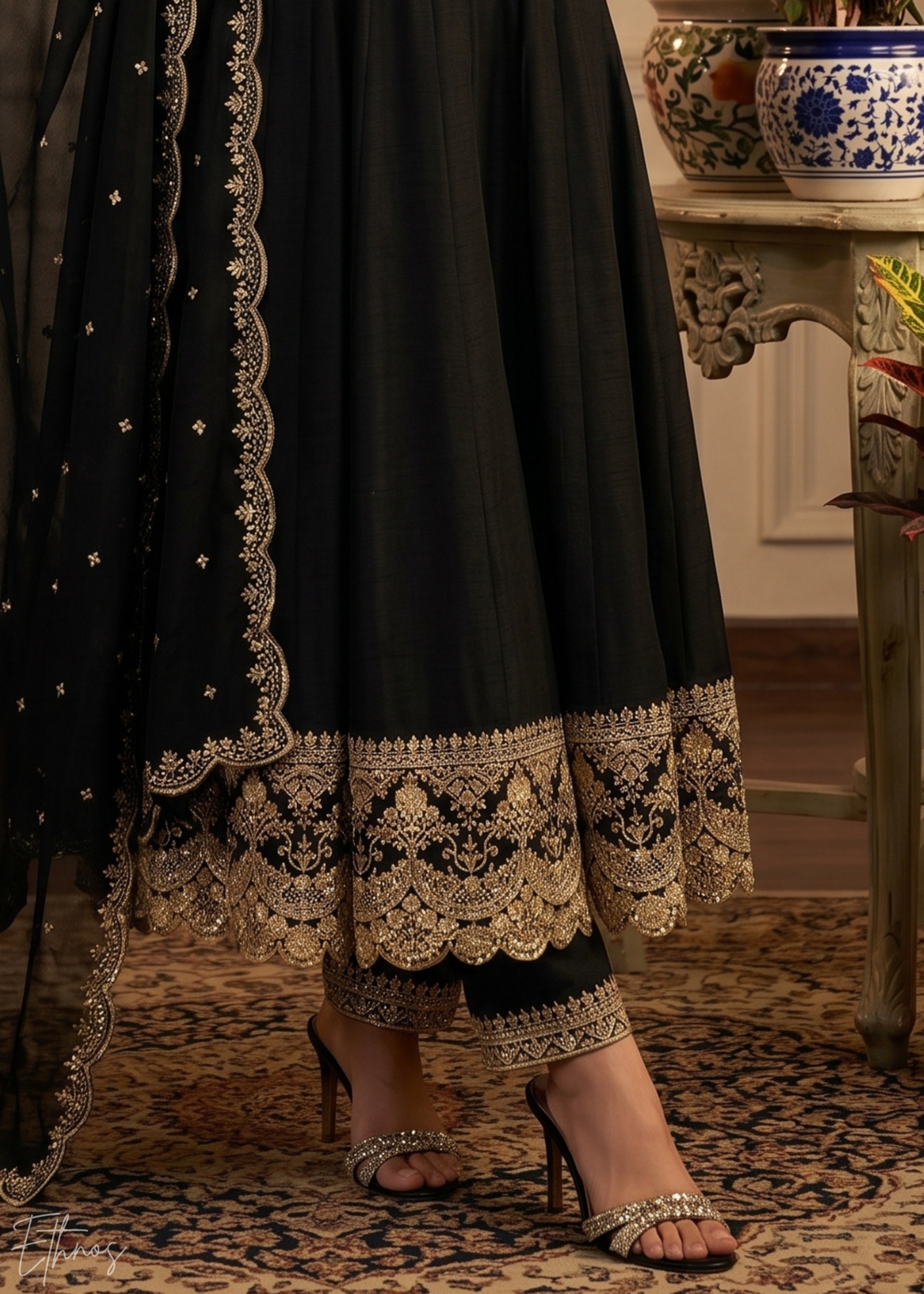 Jet Black Regal-Embroidered Silk Anarkali Suit
