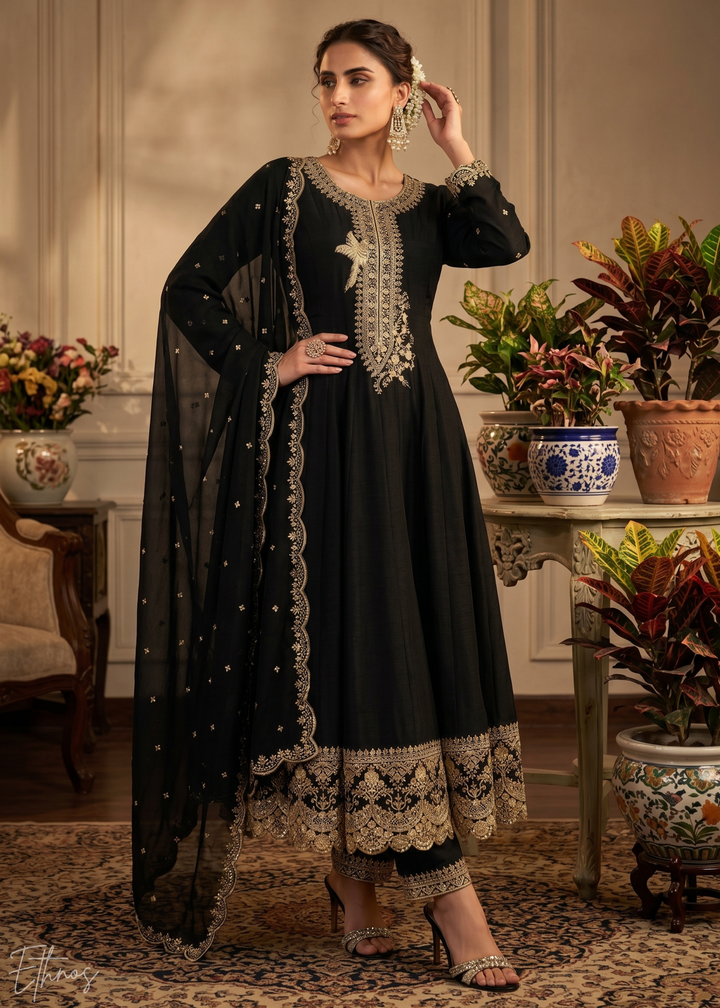 Jet Black Regal-Embroidered Silk Anarkali Suit