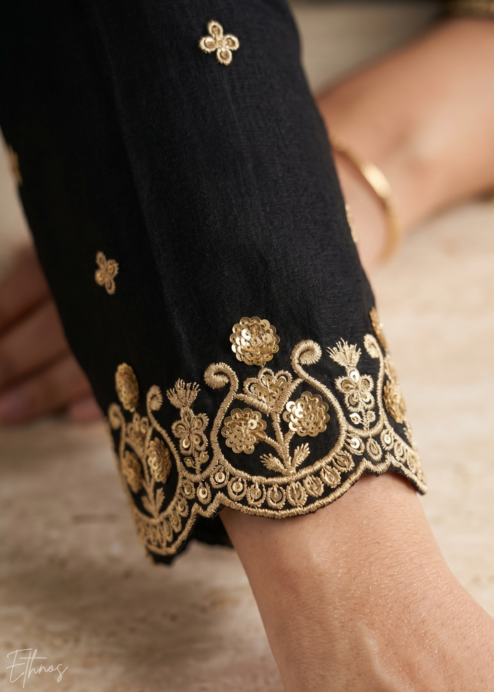 Jet Black Regal-Embroidered Silk Anarkali Suit