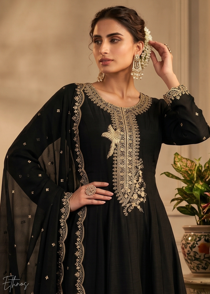 Jet Black Regal-Embroidered Silk Anarkali Suit