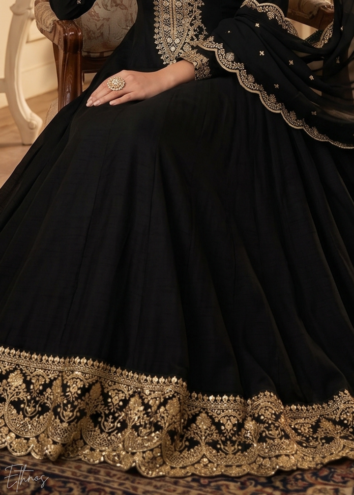 Jet Black Regal-Embroidered Silk Anarkali Suit