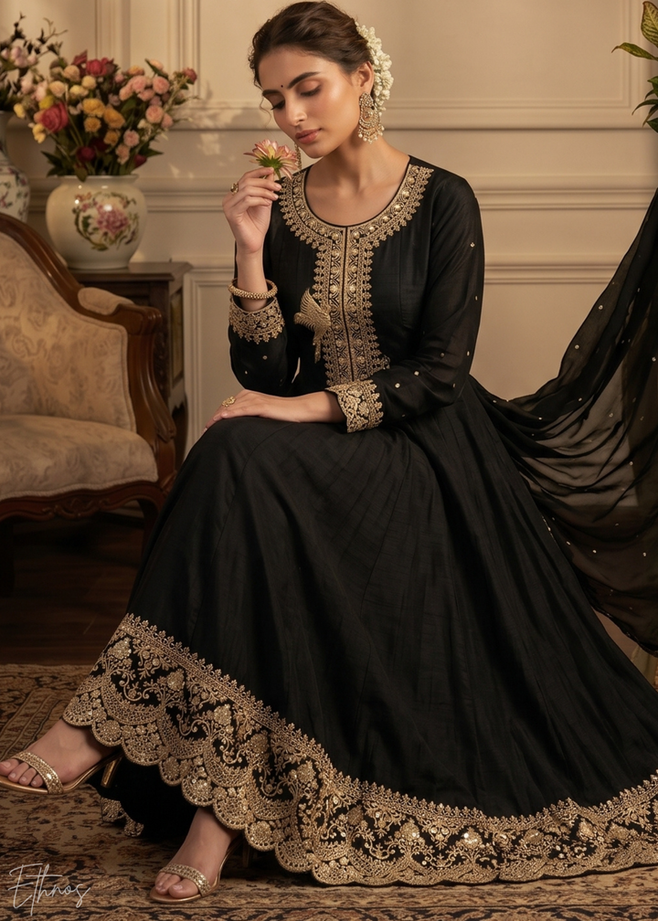 Jet Black Regal-Embroidered Silk Anarkali Suit
