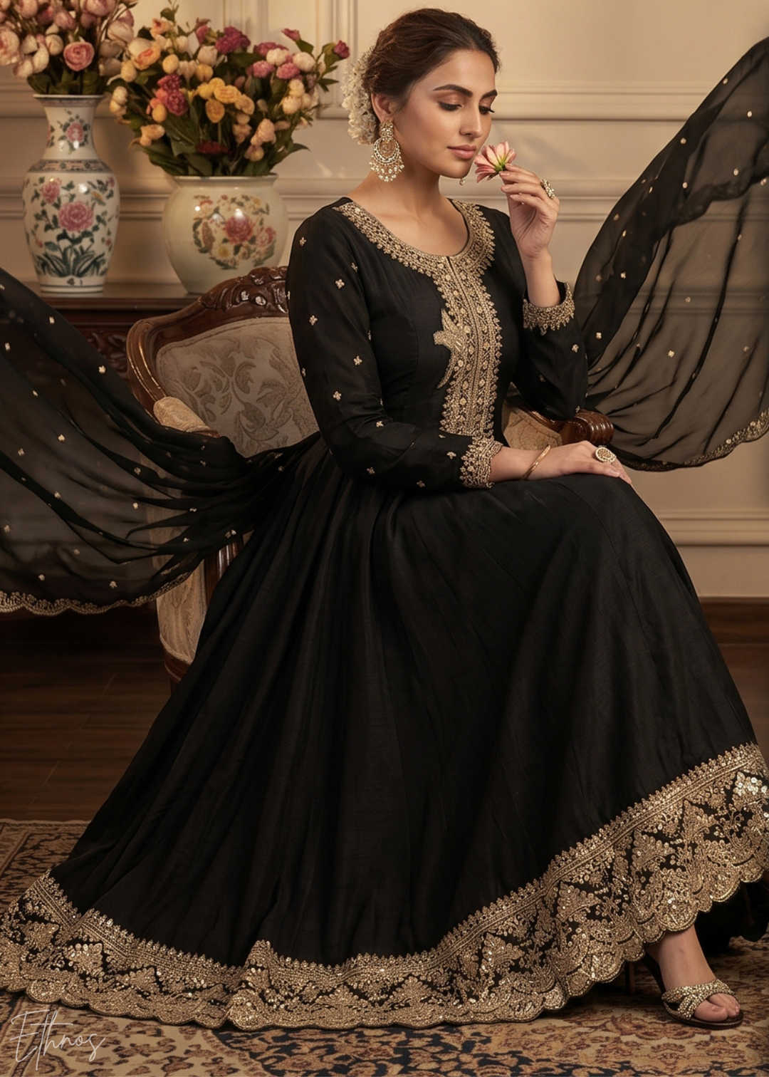 Jet Black Regal-Embroidered Silk Anarkali Suit