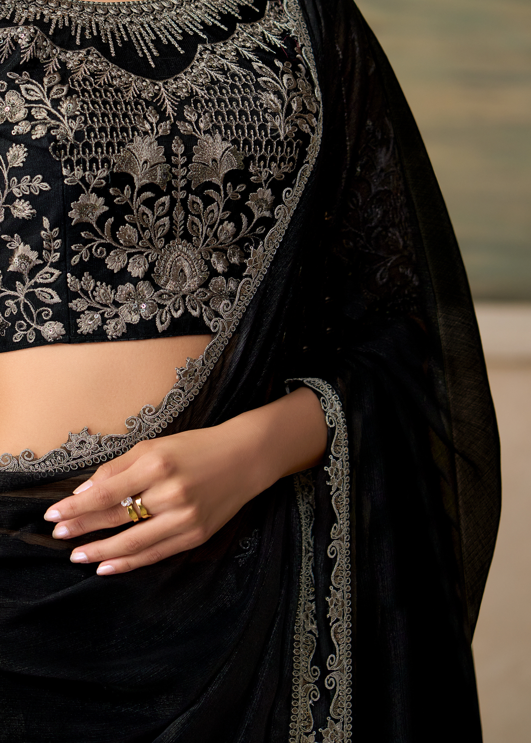 Jet Black Ruffle Border Chiffon Saree