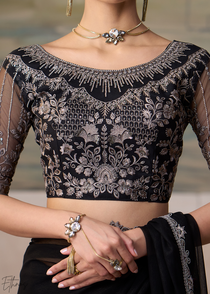 Jet Black Ruffle Border Chiffon Saree