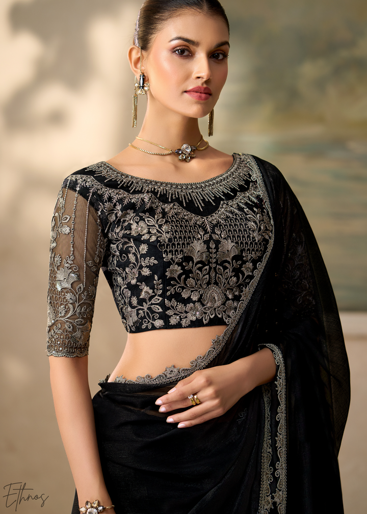 Jet Black Ruffle Border Chiffon Saree