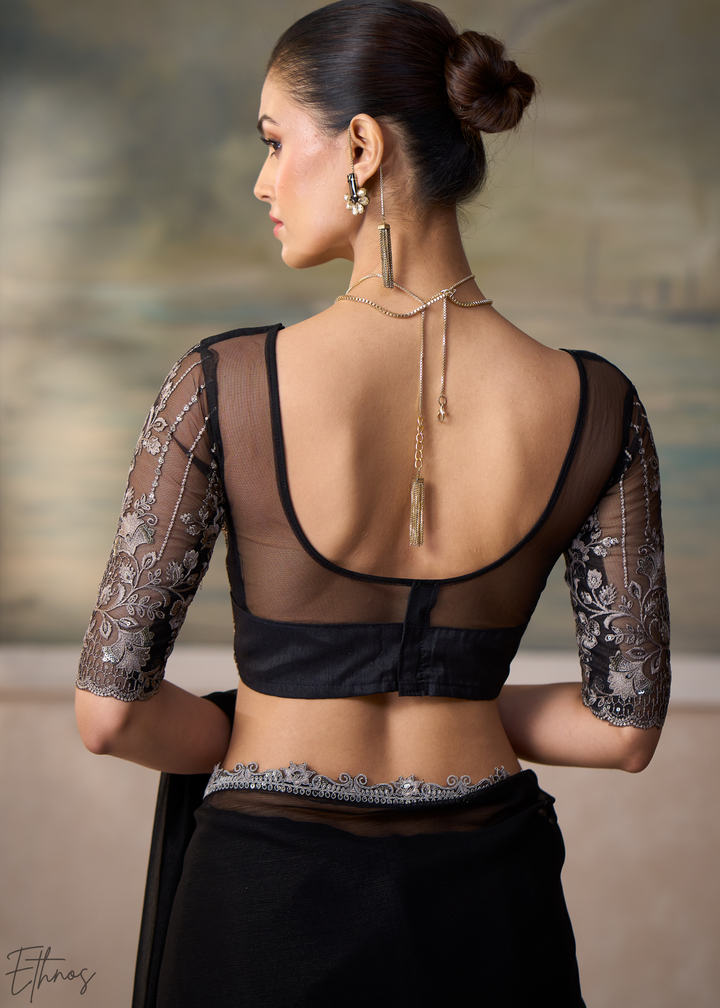 Jet Black Ruffle Border Chiffon Saree