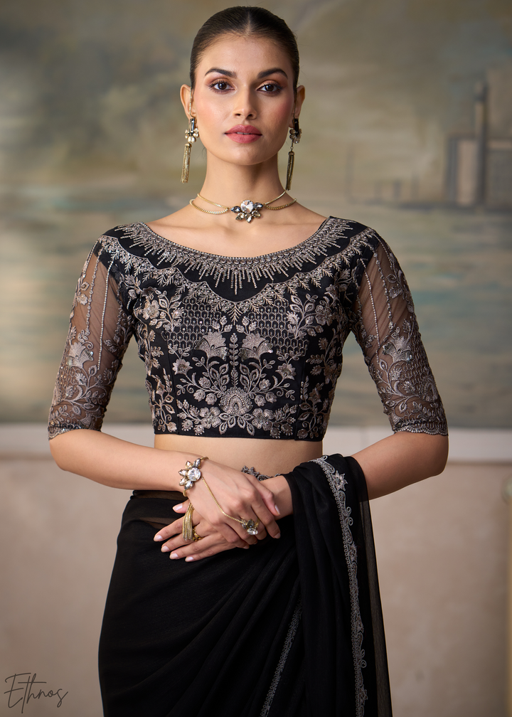 Jet Black Ruffle Border Chiffon Saree