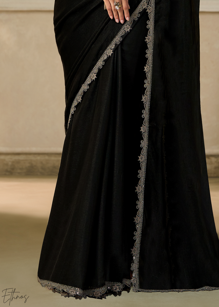 Jet Black Ruffle Border Chiffon Saree