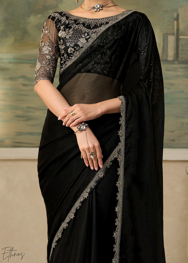 Jet Black Ruffle Border Chiffon Saree