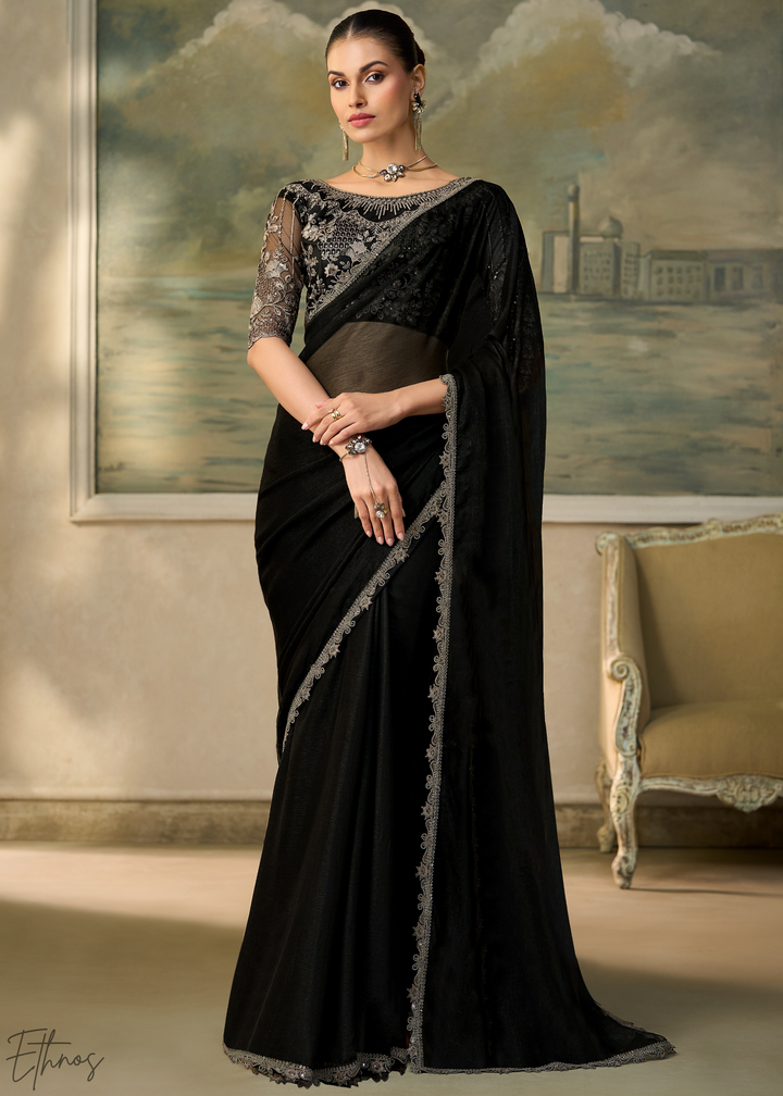 Jet Black Ruffle Border Chiffon Saree