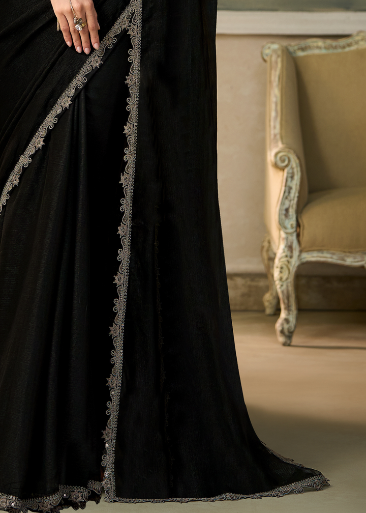 Jet Black Ruffle Border Chiffon Saree