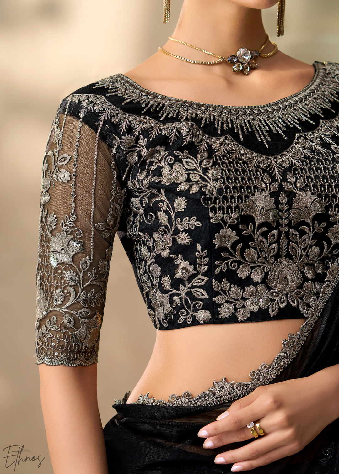 Jet Black Ruffle Border Chiffon Saree