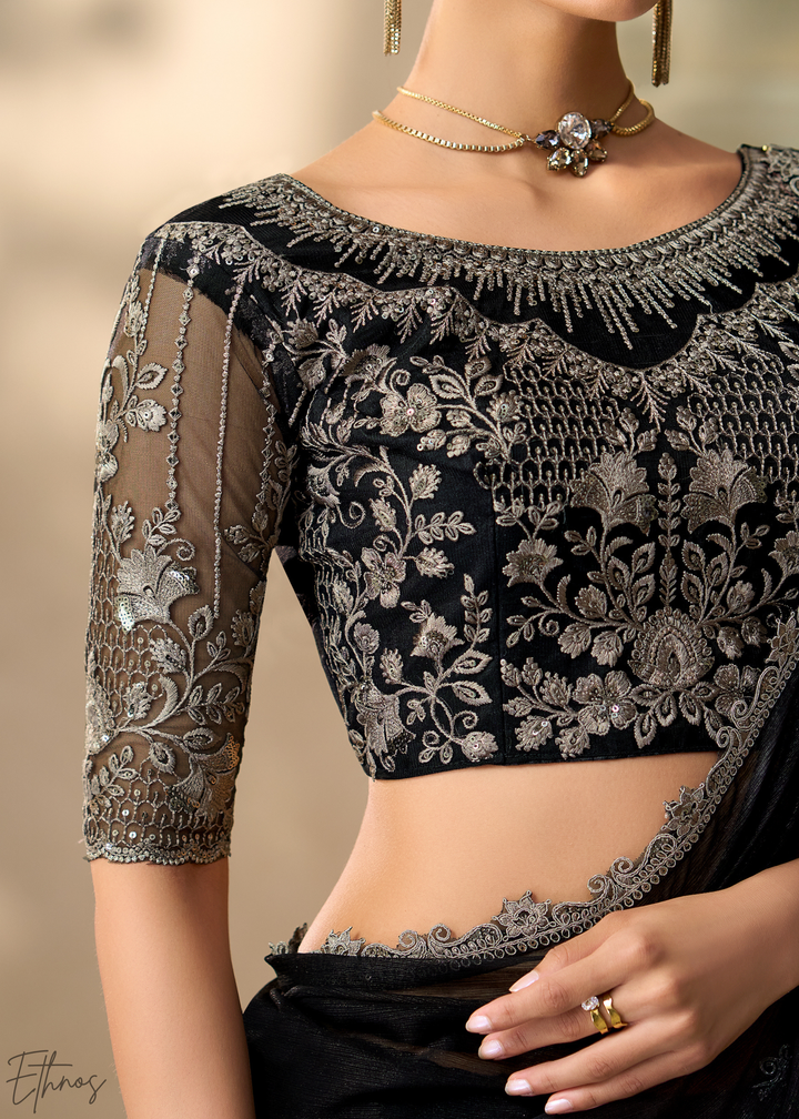 Jet Black Ruffle Border Chiffon Saree