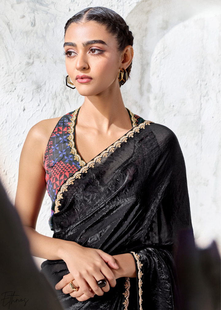 Jet Black Sleek Border Pleated Organza Silk Saree