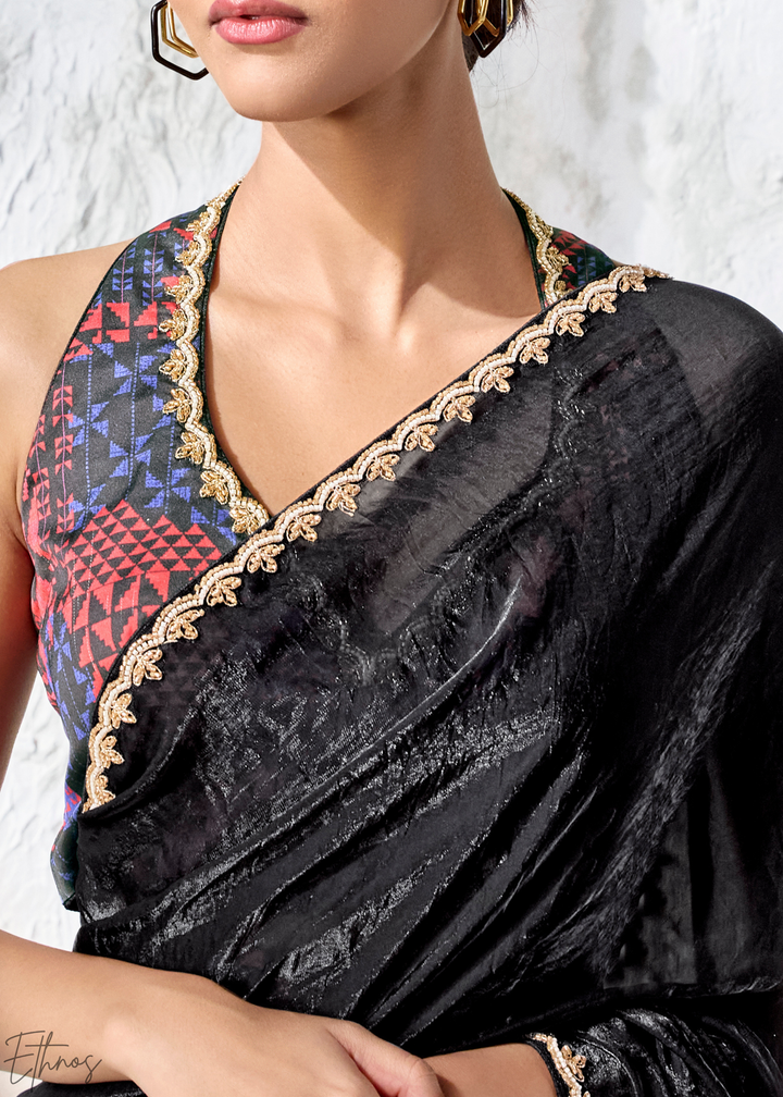Jet Black Sleek Border Pleated Organza Silk Saree