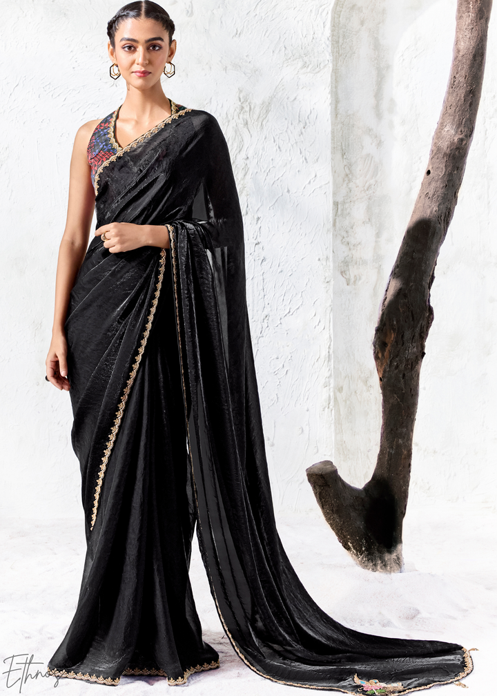 Jet Black Sleek Border Pleated Organza Silk Saree
