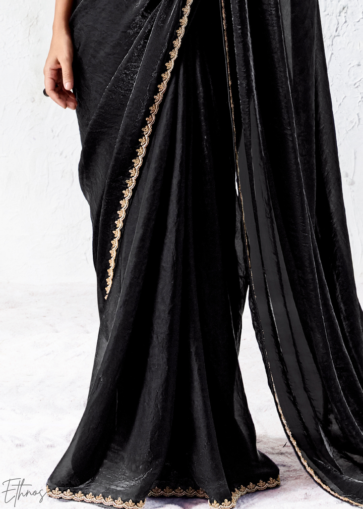 Jet Black Sleek Border Pleated Organza Silk Saree