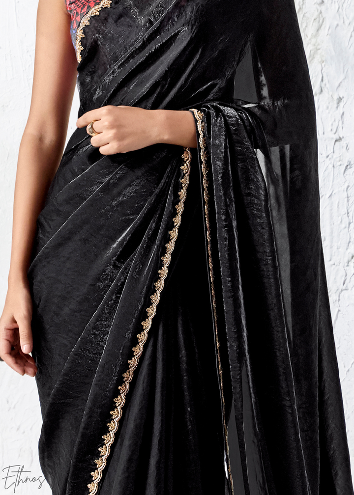 Jet Black Sleek Border Pleated Organza Silk Saree