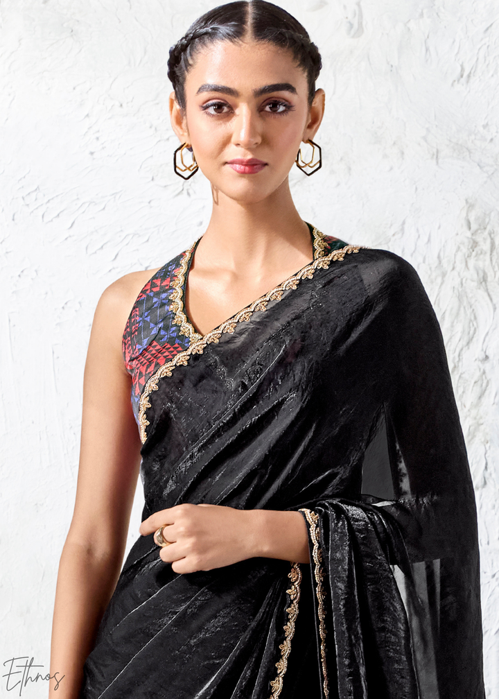 Jet Black Sleek Border Pleated Organza Silk Saree