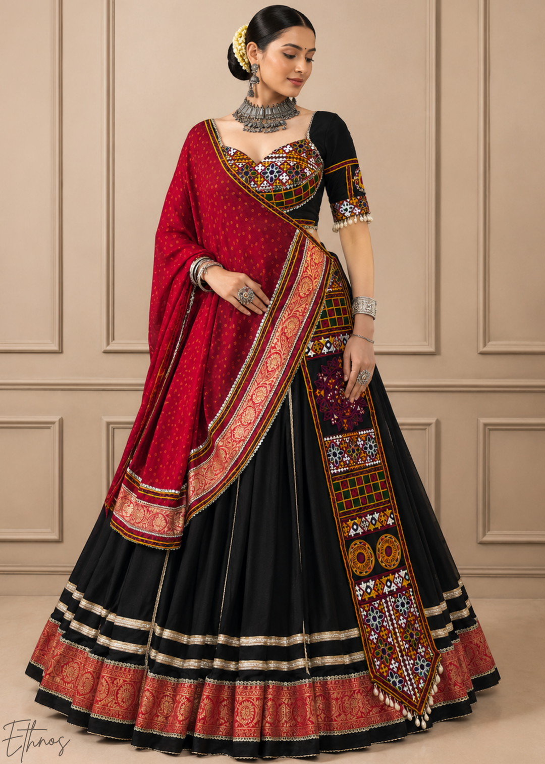 Jet Black Traditional Mirror Work Rayon Lehenga Choli