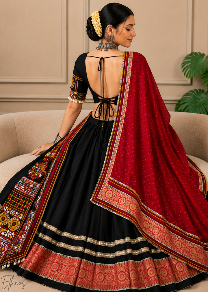 Jet Black Traditional Mirror Work Rayon Lehenga Choli