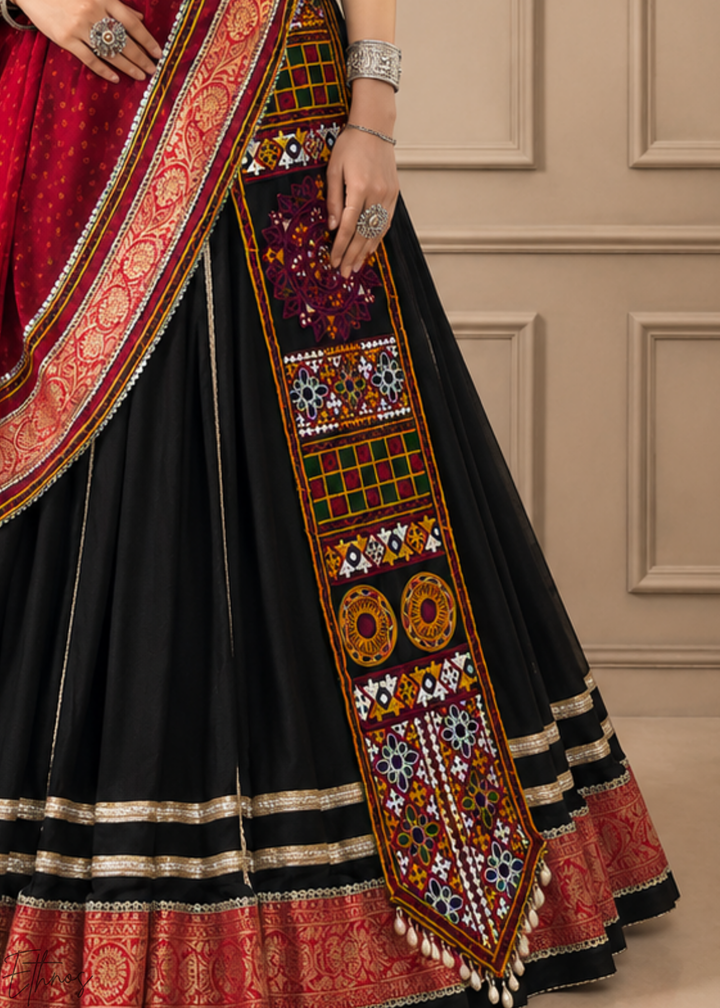 Jet Black Traditional Mirror Work Rayon Lehenga Choli