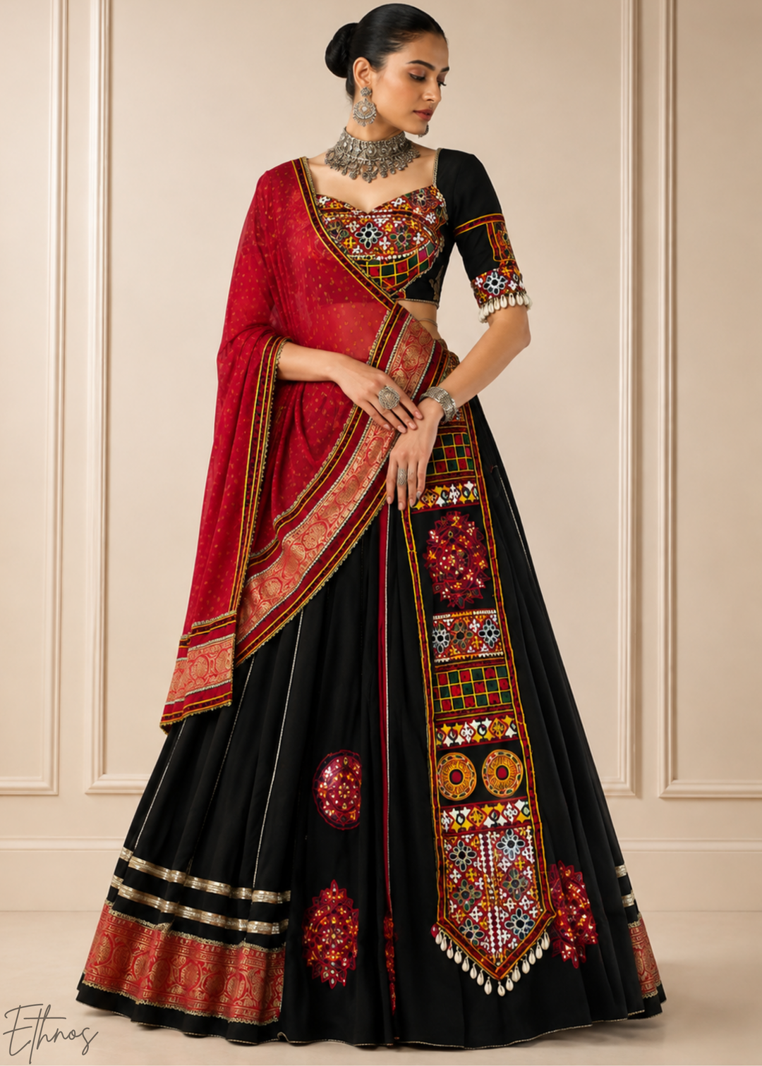 Jet Black Traditional Mirror Work Rayon Lehenga Choli