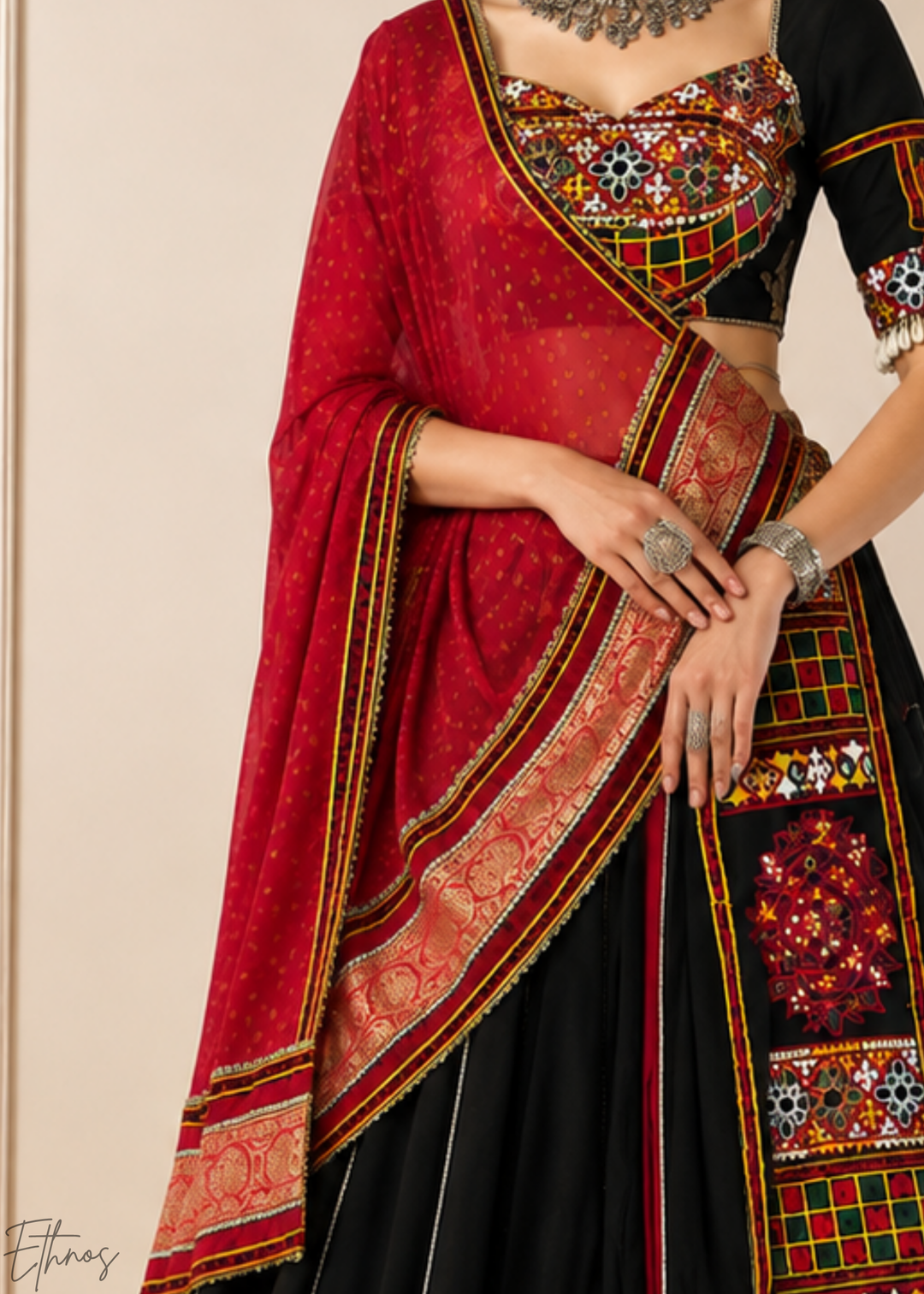 Jet Black Traditional Mirror Work Rayon Lehenga Choli