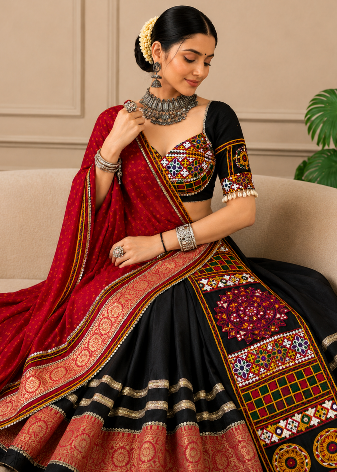 Jet Black Traditional Mirror Work Rayon Lehenga Choli