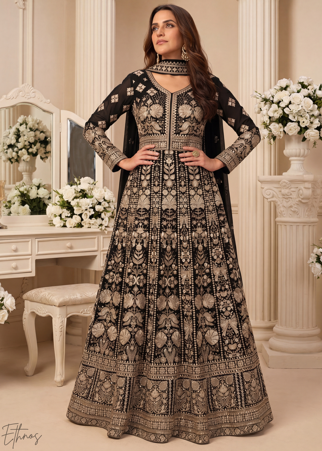 Jet Black & Gold Floral-Embroidered Georgette Anarkali Gown Set