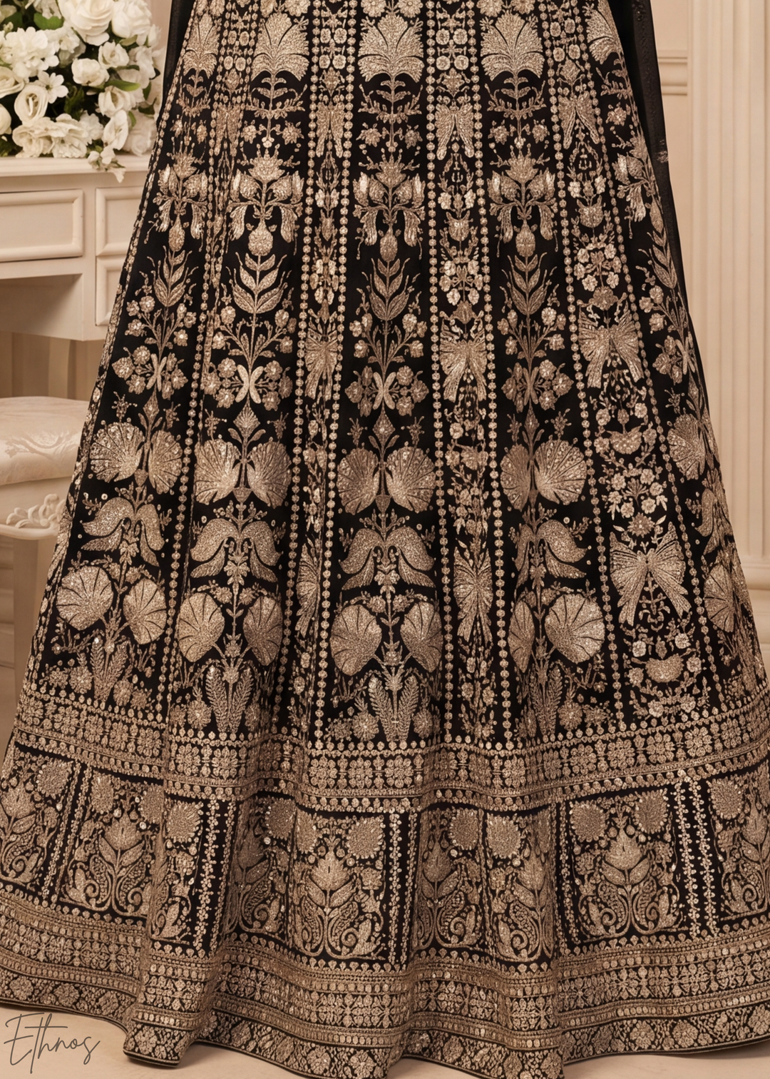 Jet Black & Gold Floral-Embroidered Georgette Anarkali Gown Set