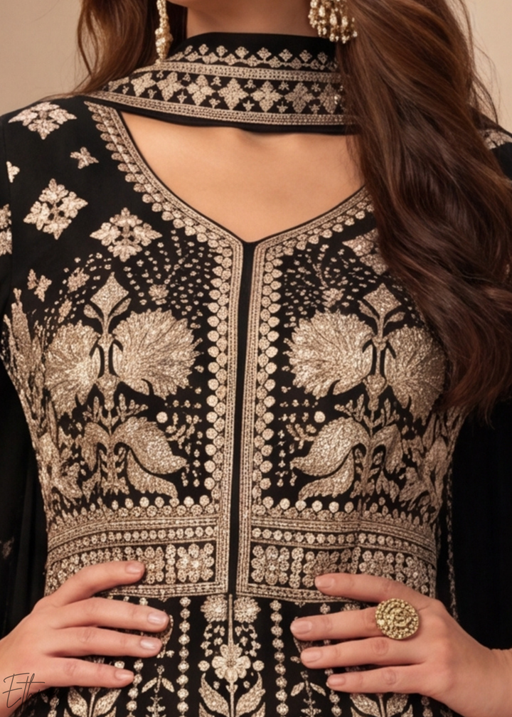 Jet Black & Gold Floral-Embroidered Georgette Anarkali Gown Set