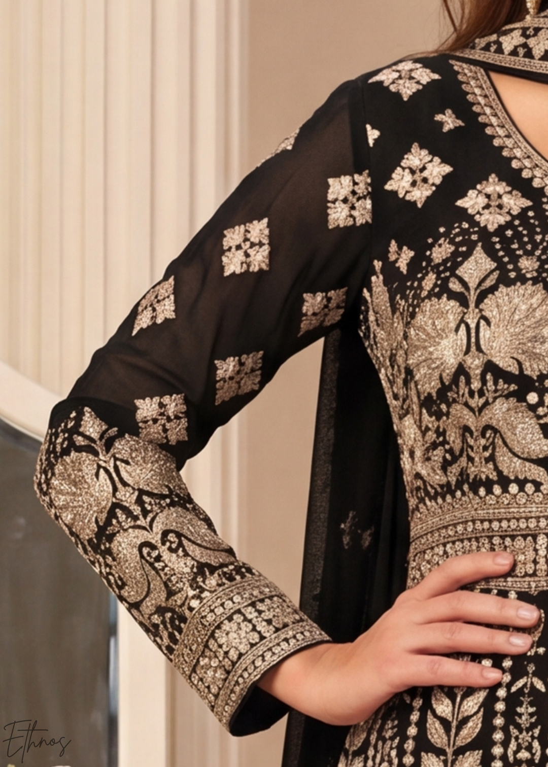 Jet Black & Gold Floral-Embroidered Georgette Anarkali Gown Set