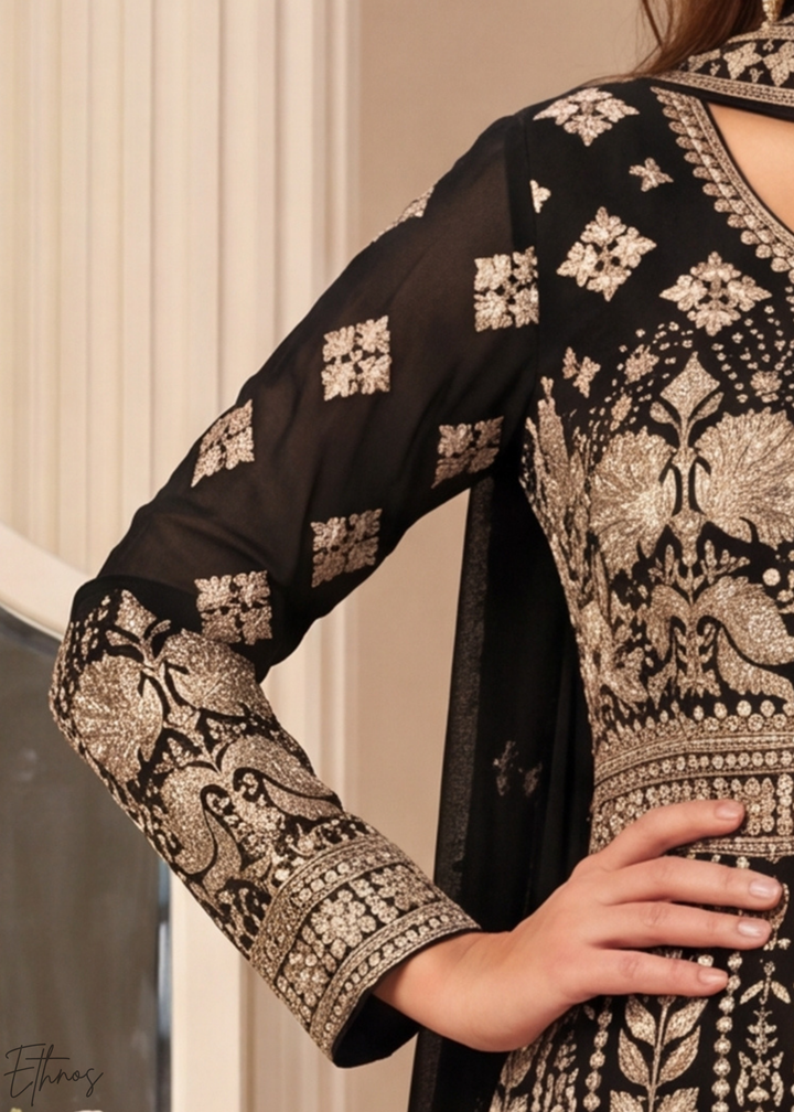 Jet Black & Gold Floral-Embroidered Georgette Anarkali Gown Set