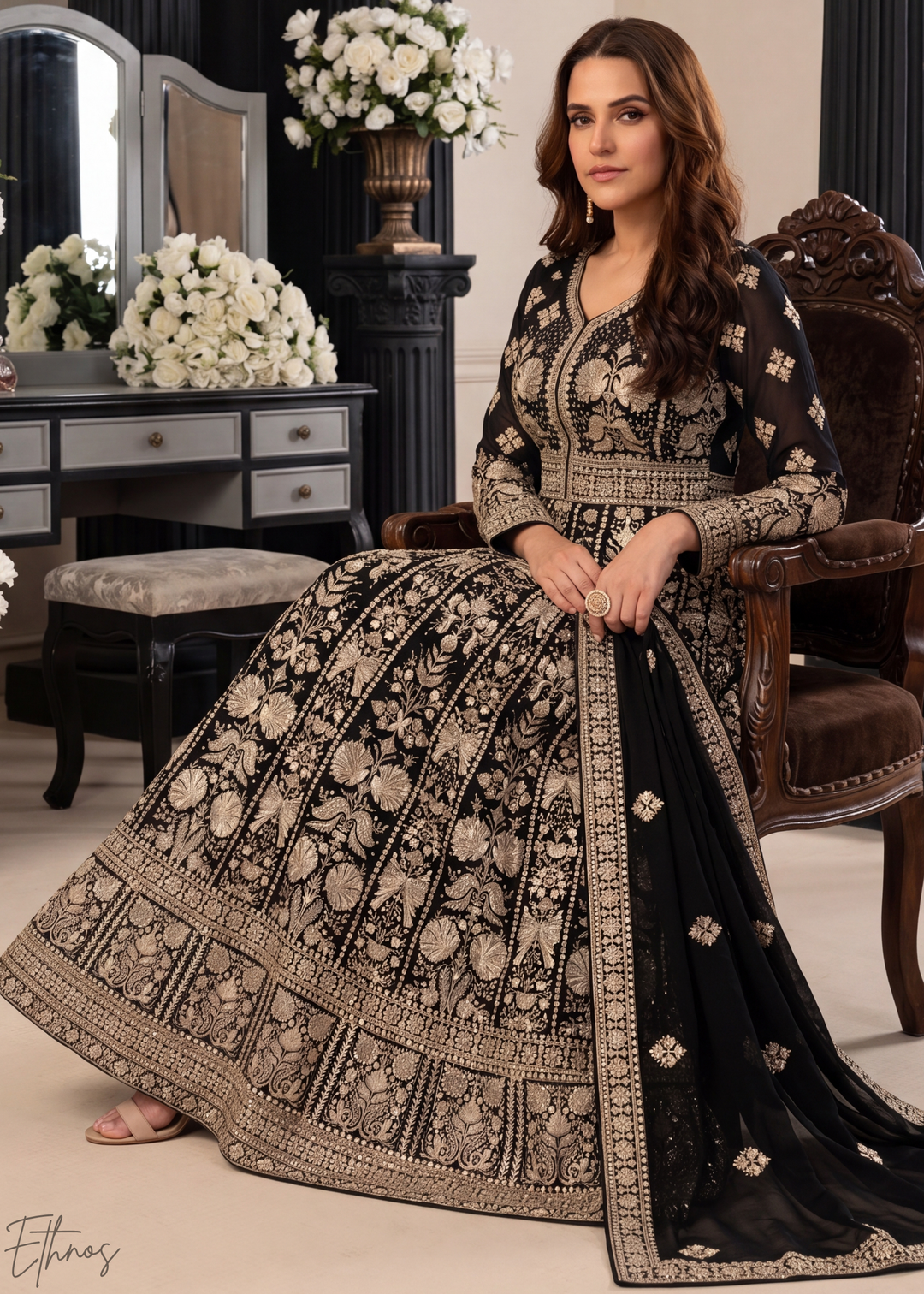 Jet Black & Gold Floral-Embroidered Georgette Anarkali Gown Set