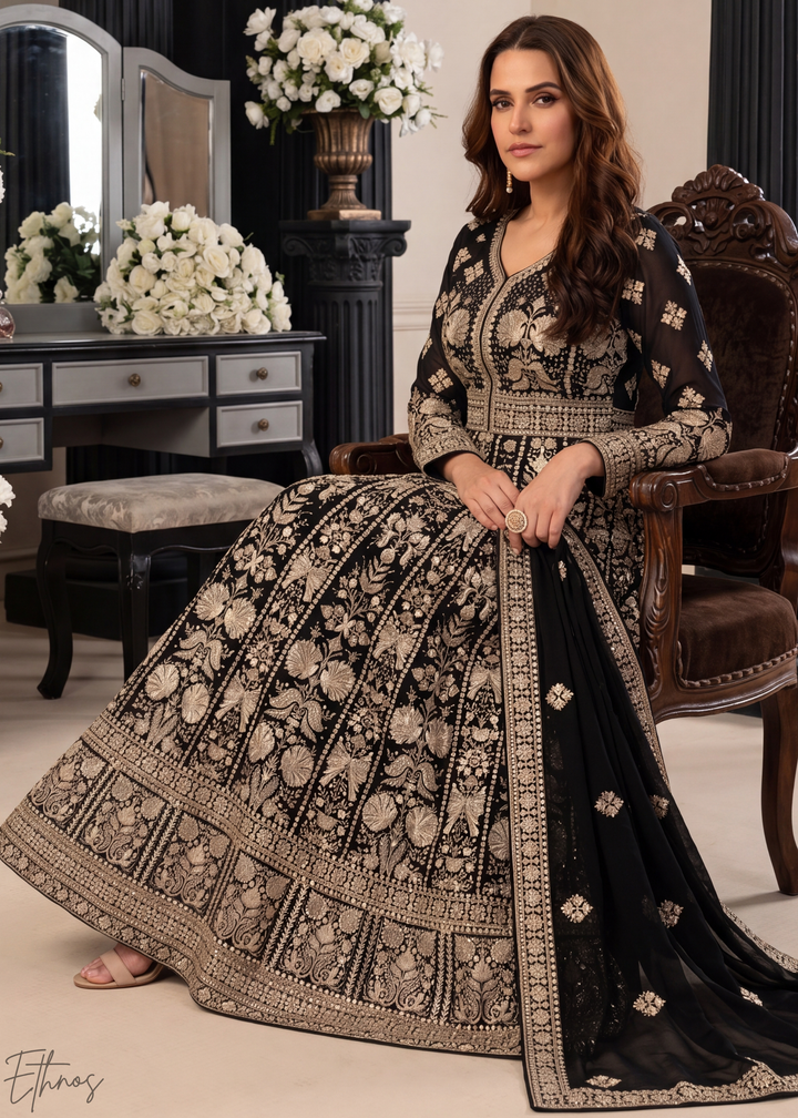 Jet Black & Gold Floral-Embroidered Georgette Anarkali Gown Set