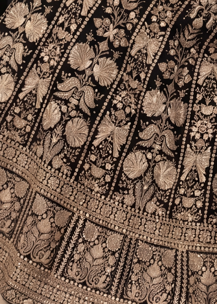 Jet Black & Gold Floral-Embroidered Georgette Anarkali Gown Set