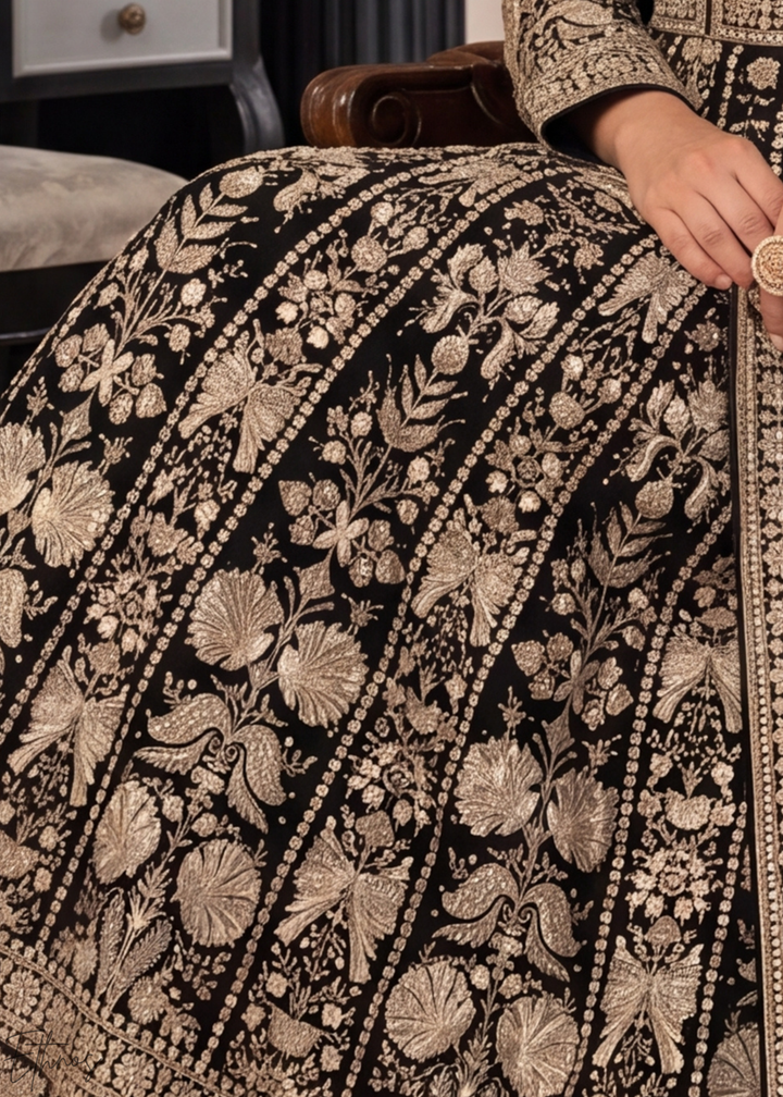 Jet Black & Gold Floral-Embroidered Georgette Anarkali Gown Set