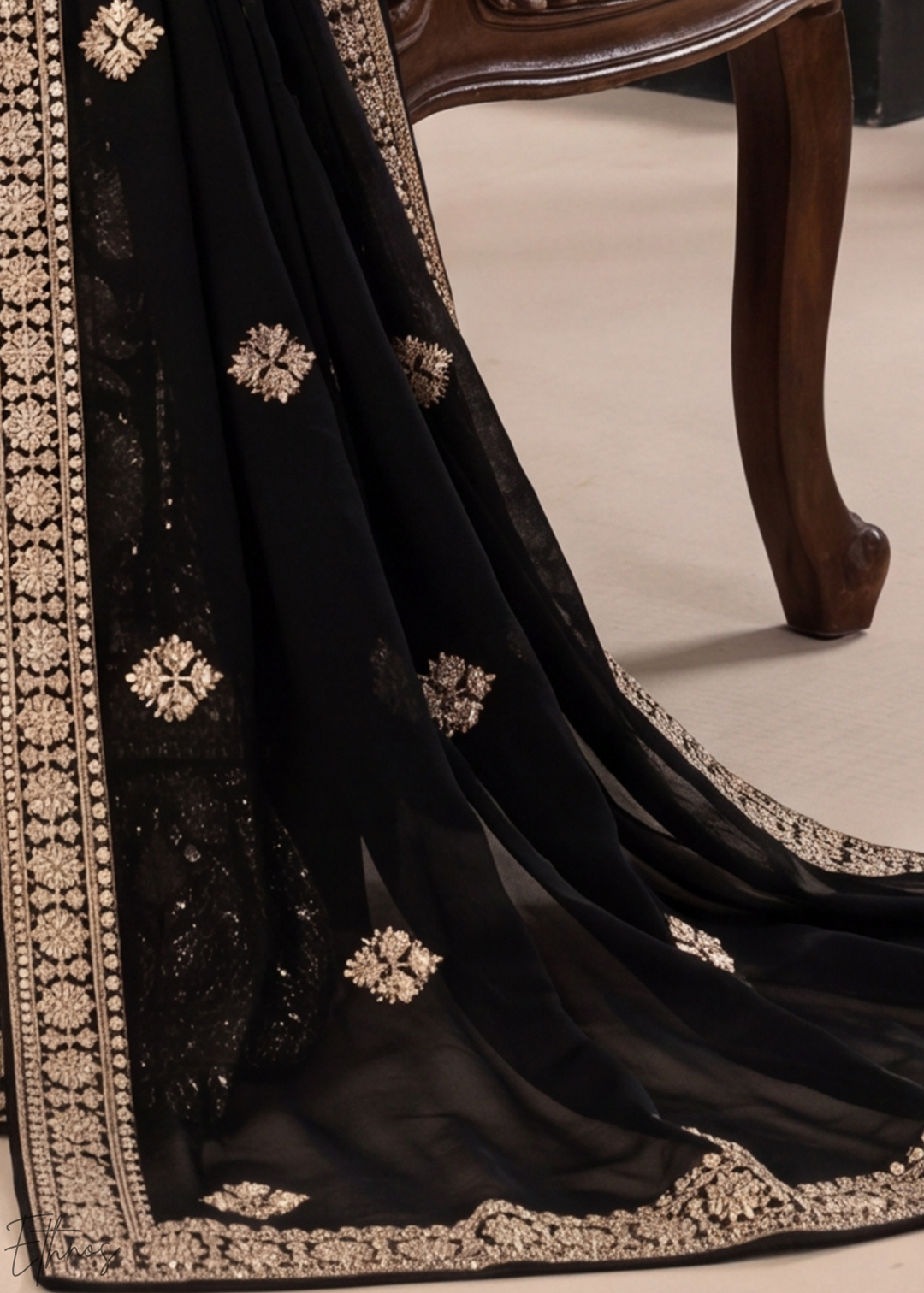 Jet Black & Gold Floral-Embroidered Georgette Anarkali Gown Set