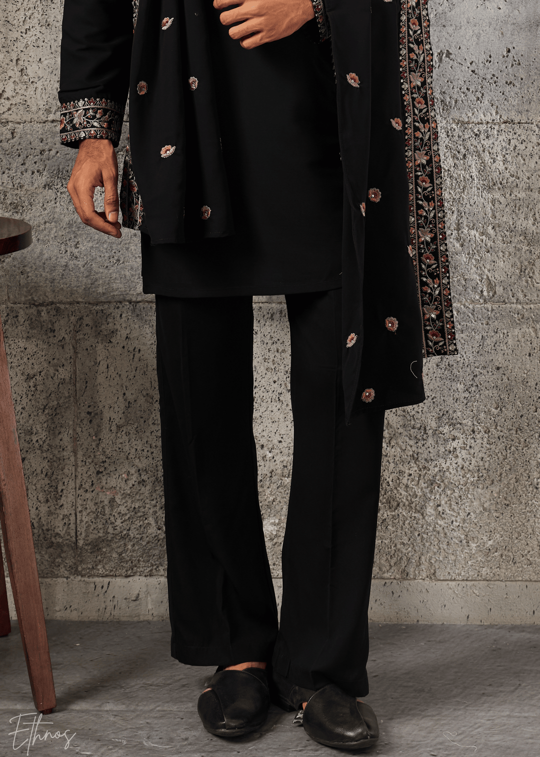 Jet Black Heritage-Embroidered Silk Kurta Traditional Scarf Set