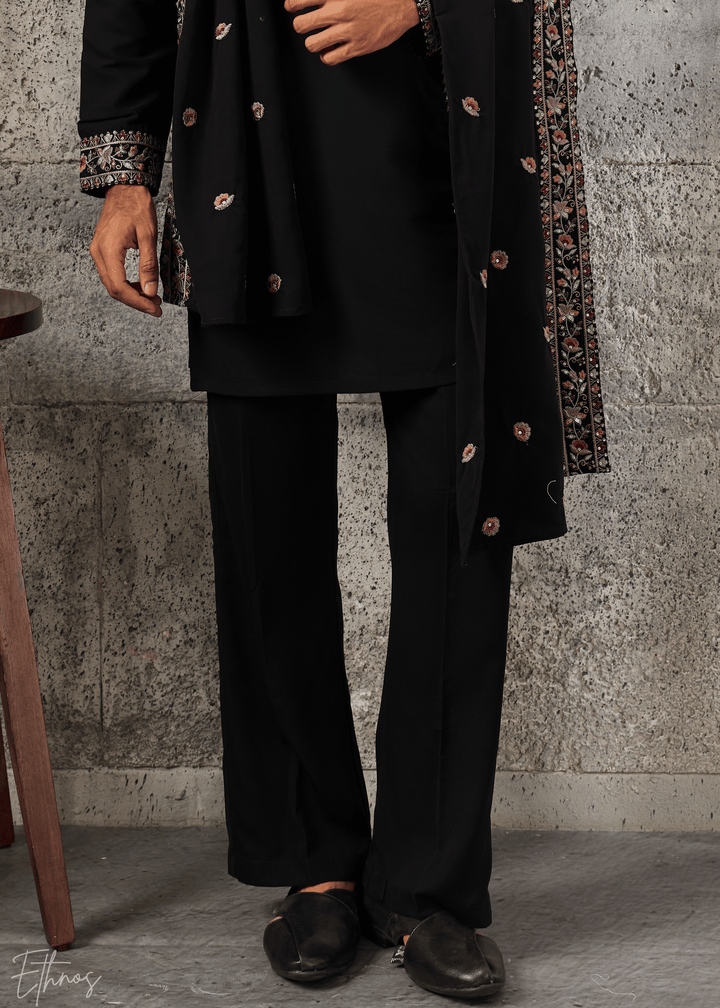 Jet Black Heritage-Embroidered Silk Kurta Traditional Scarf Set