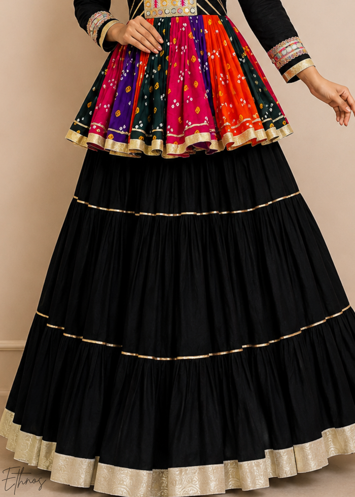 Jet Black Paneled Bandhani Cotton Peplum Lehenga Set