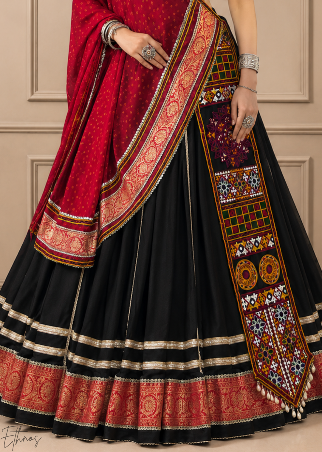 Jet Black Traditional Mirror Work Rayon Lehenga Choli